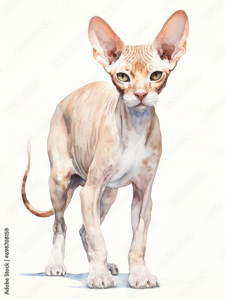 Minimalistic Watercolor Illustration of a Sitting Cornish Rex with a Wavy Coat on a White Background AI Generated