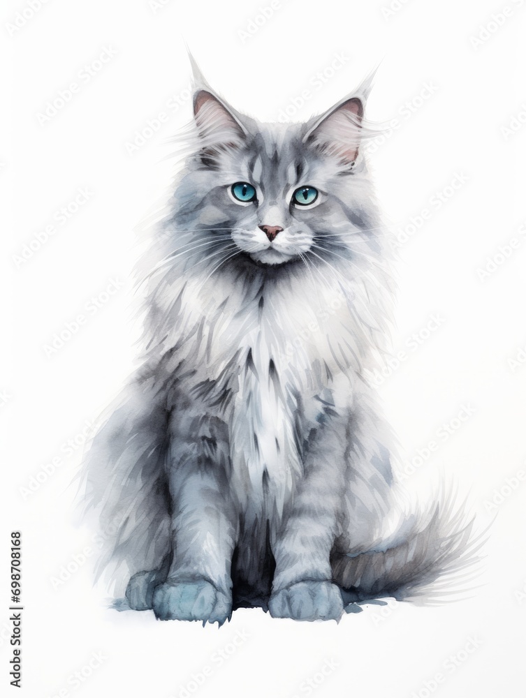 Minimalistic Watercolor Illustration of a Nebelung Cat AI Generated