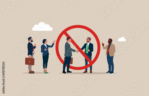 No handshake. No discussion, against conversation,  no meeting, none team communication, stop colleague chatting, against opinion. Flat vector illustration photo