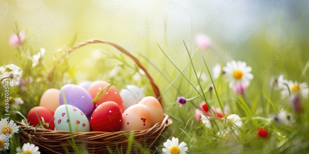 A basket filled with eggs sitting on top of a lush green field, festive Easter background. A basket filled with eggs sitting on top of a lush green field, festive Easter background.