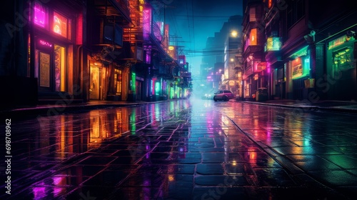 Rainy urban night: neon-lit city street with reflective wet pavement - perfect for urban art or quotes photo