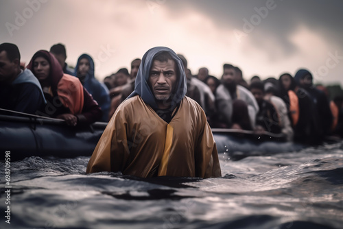 Migrant vessel in Mediterranean Sea. Migrants aboard an inflatable vessel in sea. European migrant crisis. Illegal immigration on boat on sea border. Europe and Africa tackle migration. Refugees photo