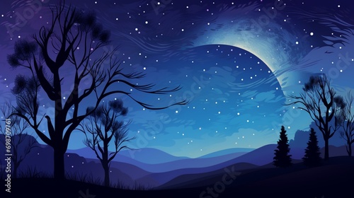 A starry night sky with a crescent moon and silhouettes of trees, great for a nighttime-themed vector background.