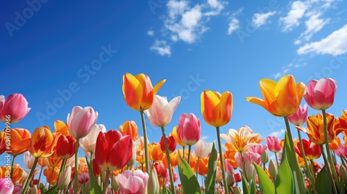 A field of tulips with a blue sky in the background