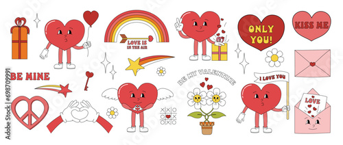 Groovy hippie love sticker set. Retro happy Valentines day. Comic happy heart character in trendy retro 60s 70s cartoon style. Retro characters and elements