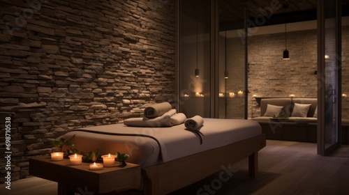 Tranquil spa ambiance  dimly lit candles illuminate massage room with open Tranquil spa ambiance  dimly lit candles illuminate massage room with open wall for serene relaxatiwall for serene relaxation