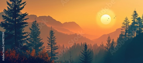 Sunrise landscape with silhouettes. © AkuAku