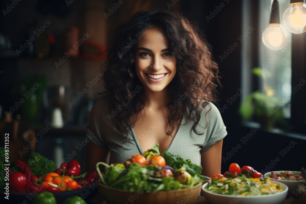 Young smiling woman on kitchen, vegetables healthy