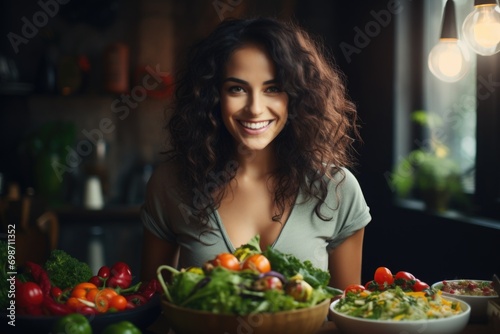Young smiling woman on kitchen, vegetables healthy © YamunaART