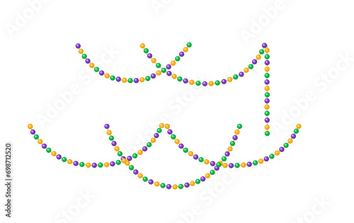 Mardi Gras beads decoration. Festive pearl ball chain garland. Isolated vector illustration set. Decorative design element. photo