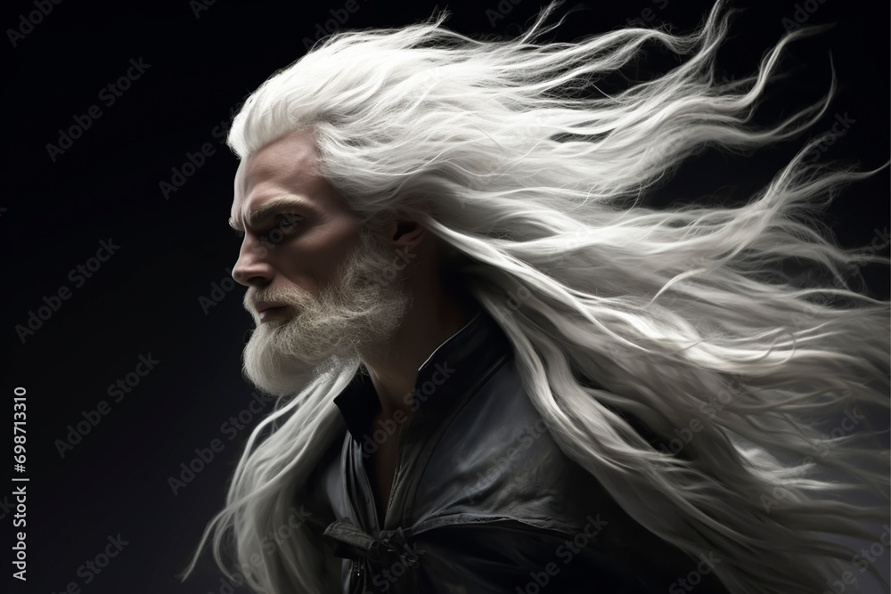 Fantasy close-up portrait of a handsome old man with long fluttering ...