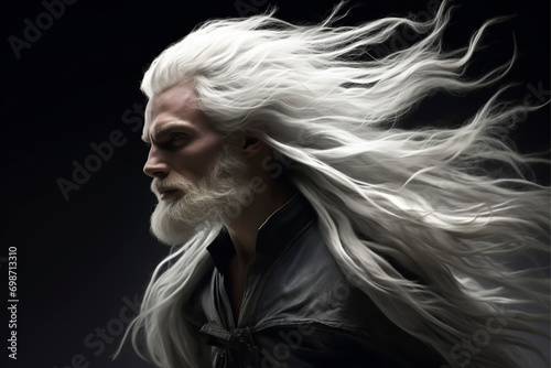 Fantasy close-up portrait of a handsome old man with long fluttering white blonde hair and white beard, and blue eyes on a black background - isolated