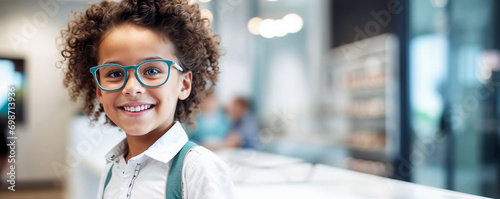 un enfant souriant avec des lunettes de vue chez un opticien