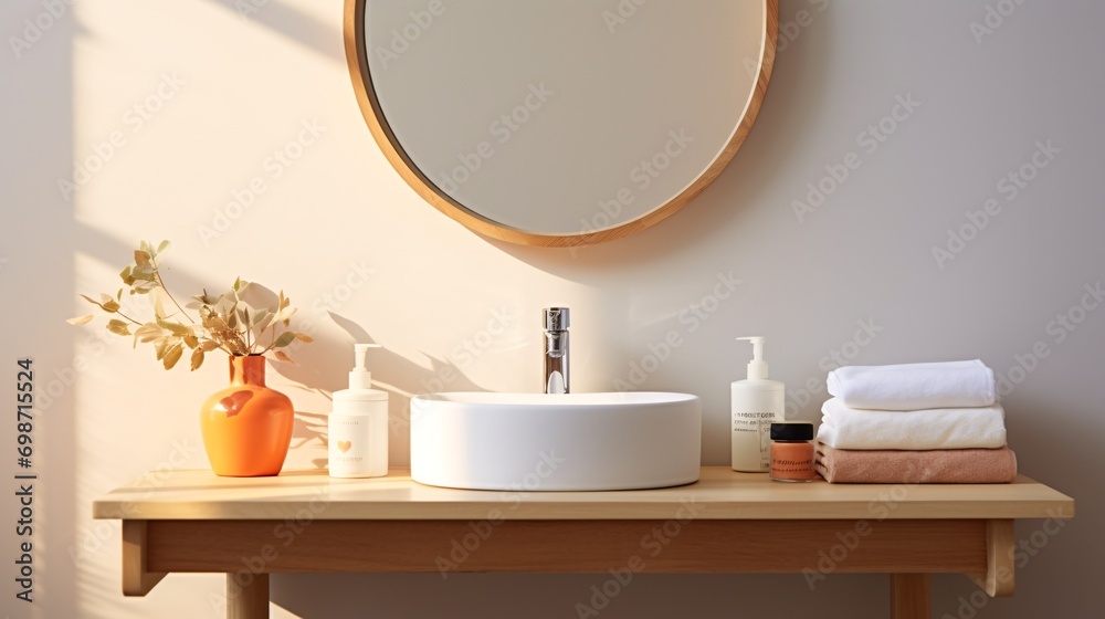 Vanity with bare base and daily cleanliness items. Vanity with bare base and daily cleanliness items.