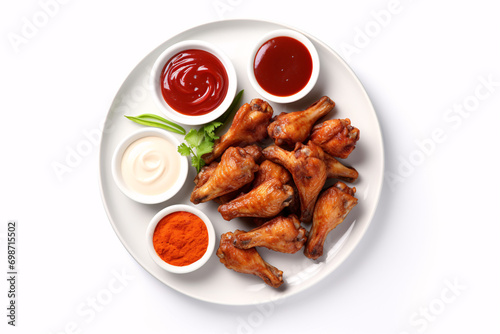 Delicious air-fried chicken smeared with spicy chili sauce and garnished with various condiments, viewed from the top on a white backdrop.