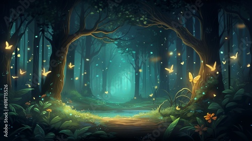 An ethereal forest scene with misty trees and fireflies  suitable for a magical vector background.