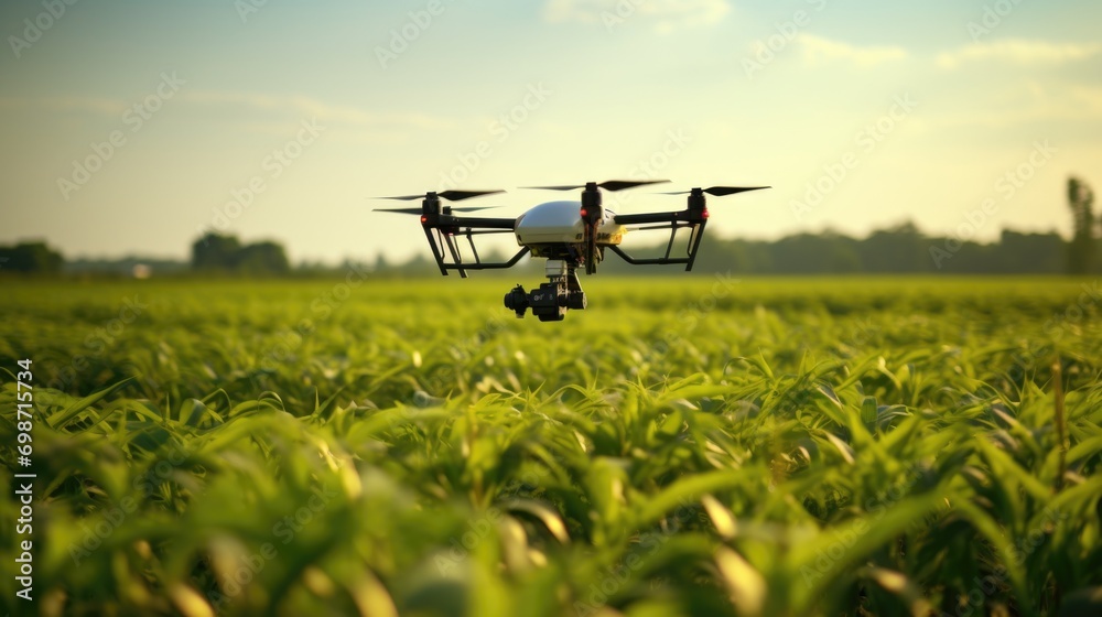 A drone flying over a field of green grass