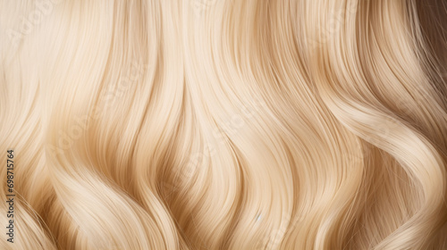 A close-up of a woman's golden, lustrous, undulating locks, which have been treated to color and styling services, such as extensions.