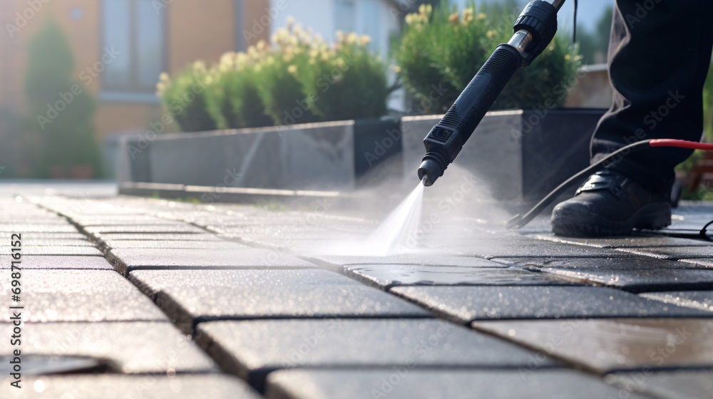 Deep cleaning of outdoor terrace using powerful water jet to remove grime from paved stones. - obrazy, fototapety, plakaty 