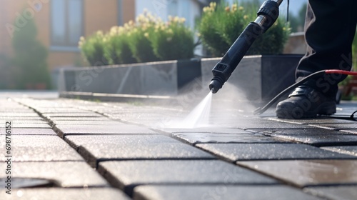 Deep cleaning of outdoor terrace using powerful water jet to remove grime from paved stones. photo