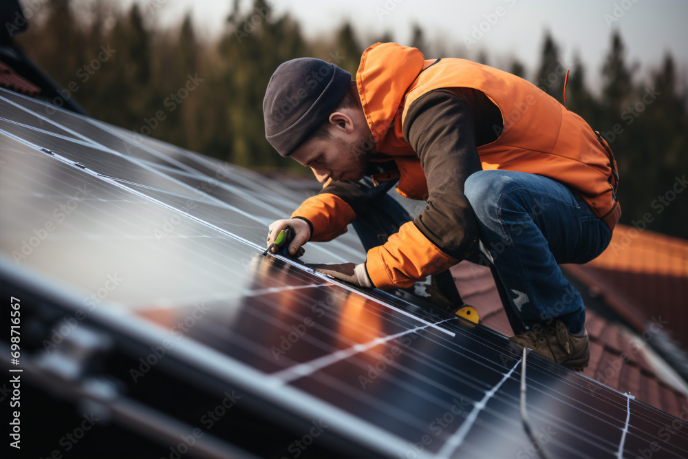 An expert installer equips a residence's rooftop with photovoltaic solar panels, illustrating the concept of renewable energy. - obrazy, fototapety, plakaty 