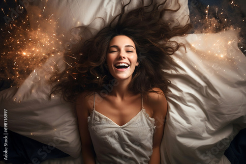 Young European woman having orgasm. Beautiful woman with open mouth and closed eyes enjoying sex lying among fireworks. Sparklers as a symbol of orgasm. Sexual experience, masturbation, cunnilingus. photo