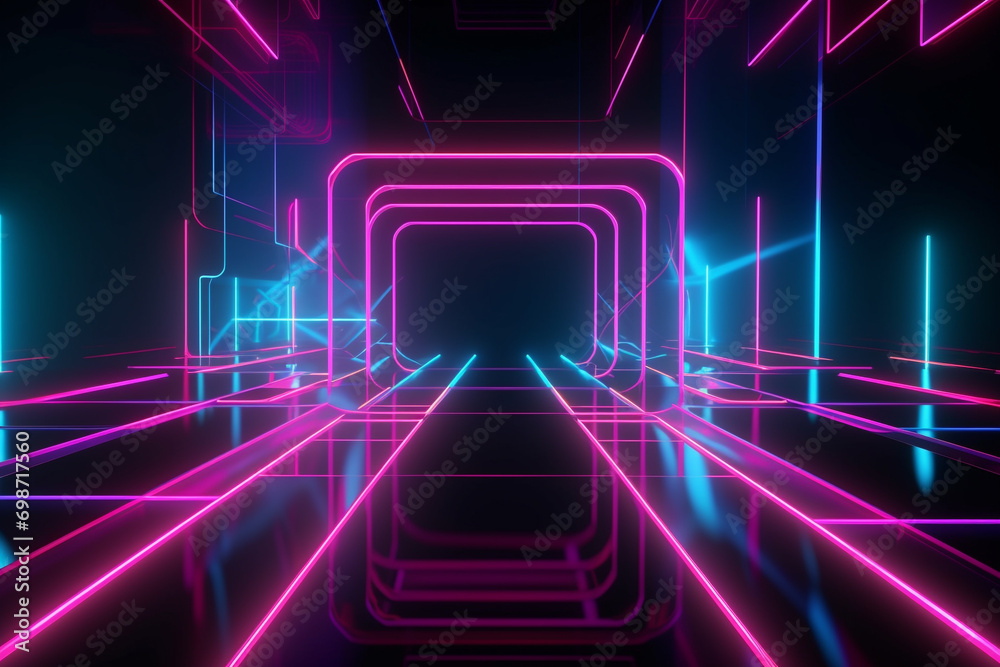 Graphic resources. Abstract illuminates neon blue and purple lights surreal background. Neon glowing lines in various geometric shapes on black blank background with copy space. Futuristic style Graphic resources. Abstract illuminates neon blue and purple lights surreal background. Neon glowing lines in various geometric shapes on black blank background with copy space. Futuristic style