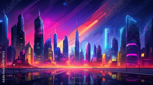 A futuristic cityscape with towering skyscrapers and neon lights, great for a sci-fi-inspired vector background. photo