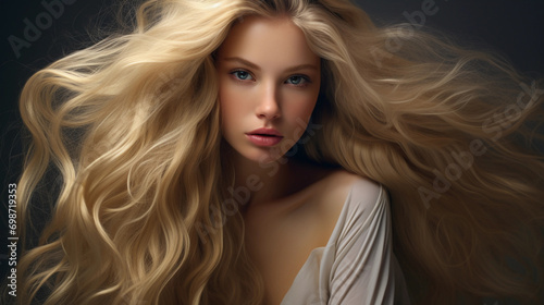 A young female model with blond long hair, with awareness, concern and sensibility feel. 