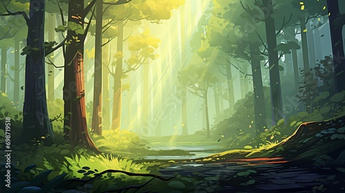 A lush forest scene with sunlight filtering through the leaves  creating a tranquil nature-inspired vector background.