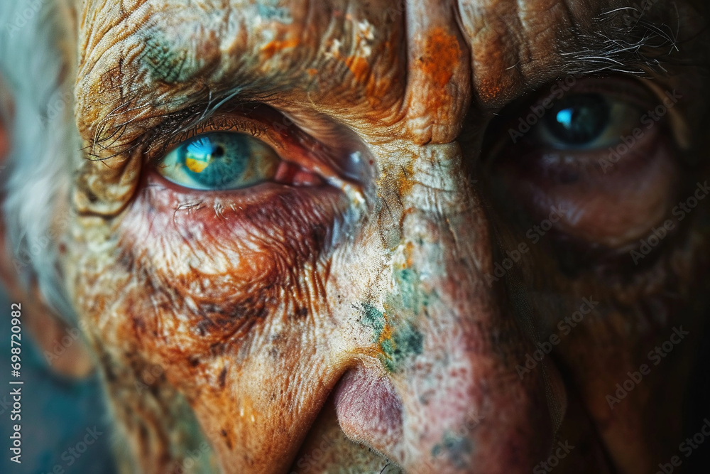 Elderly person’s face, life's story told through the map of wrinkles, somber tones with flashes of pastel, eyes that carry weight and wisdom Elderly person’s face, life's story told through the map of wrinkles, somber tones with flashes of pastel, eyes that carry weight and wisdom