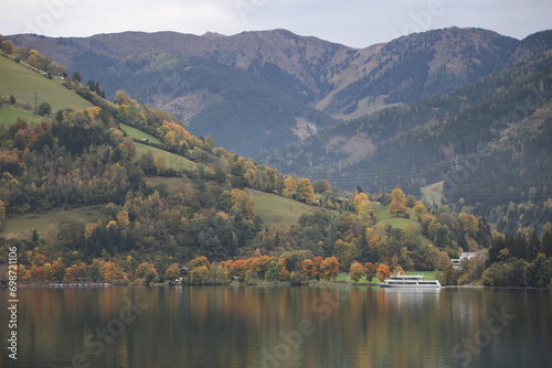 View of lake Zell (Zeller See) in autumn with dramatic clouds