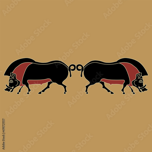 Symmetrical animal design or horizontal border with two wild pigs or boars. Ancient Greek ethnic vase painting motif. 