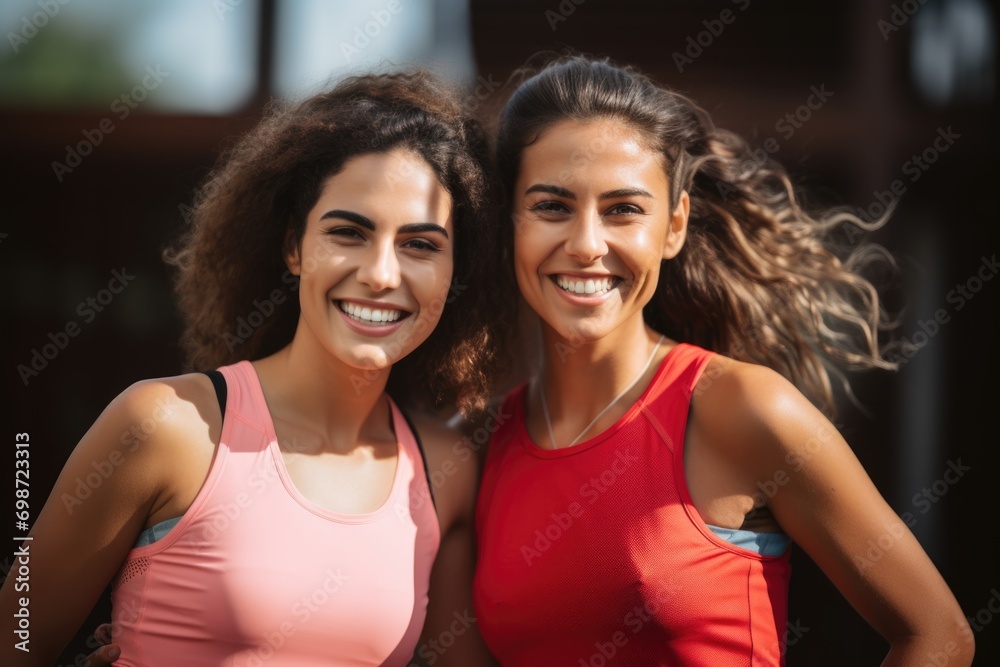 Smiling portrait of two female athletes in sportswear outside Smiling portrait of two female athletes in sportswear outside