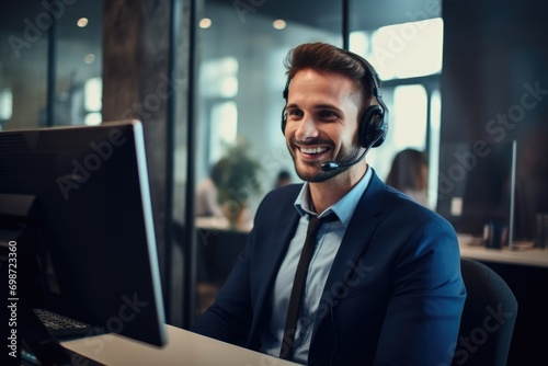 Smiling young businessman with headset working on office computer © Vorda Berge