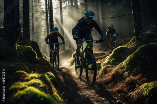 Mountain bikers riding on rugged trail in hills © Vorda Berge