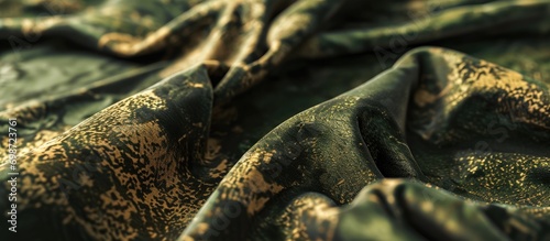 Military-inspired design, copyright print, green silk-like fabric mixed with camouflage fleece for textured abstraction.