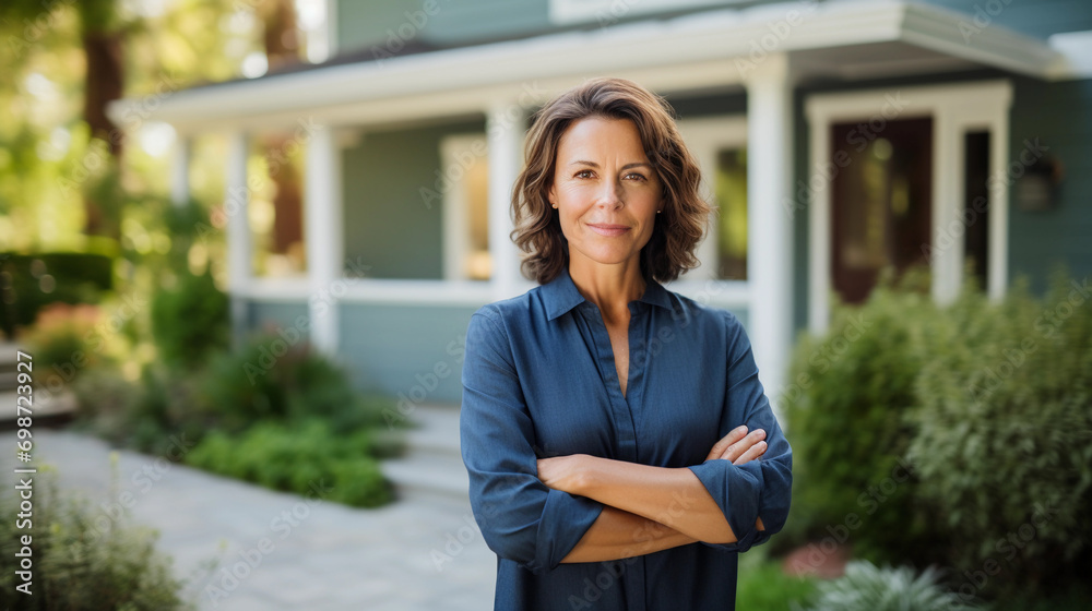 Portrait of confident american real-estate woman standing outside a modern home with hands crossed, looking at camera