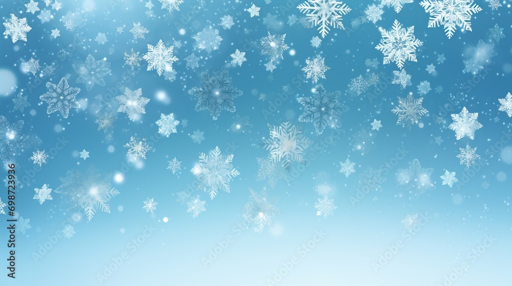 A collection of delicate snowflakes falling against a wintry blue background, suitable for a holiday-themed vector background.