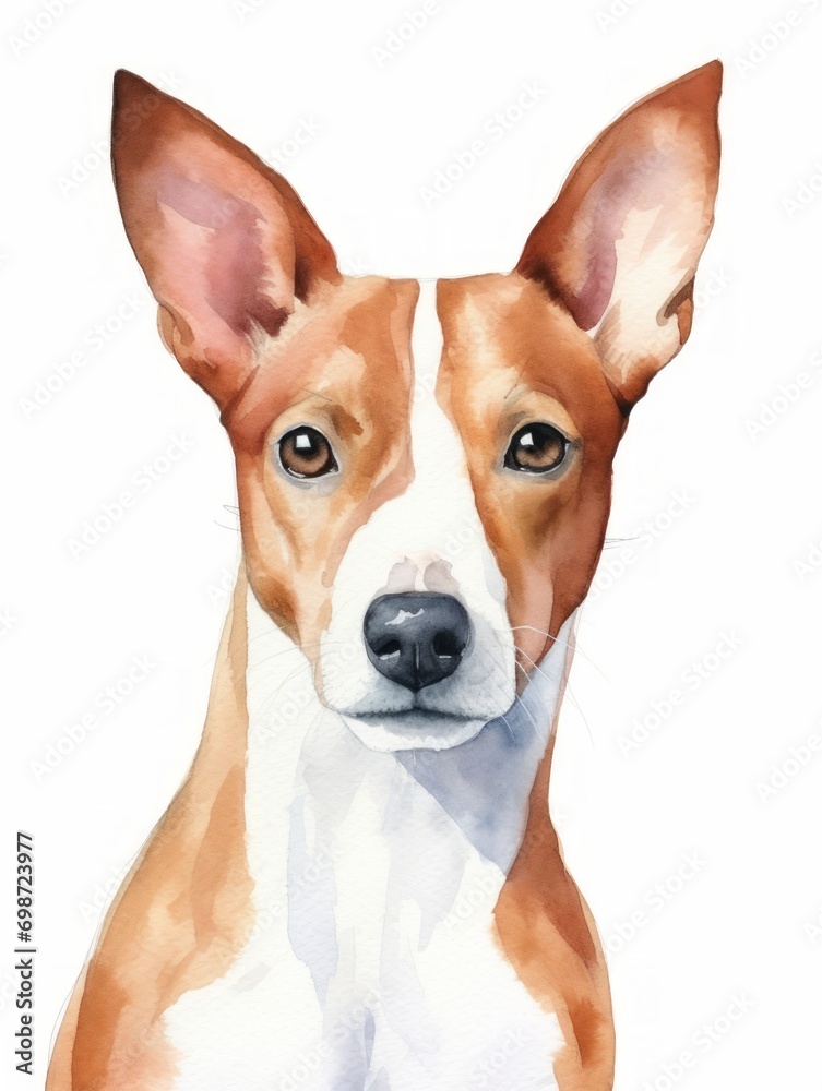 Alert Basenji in Watercolor on White Background AI Generated