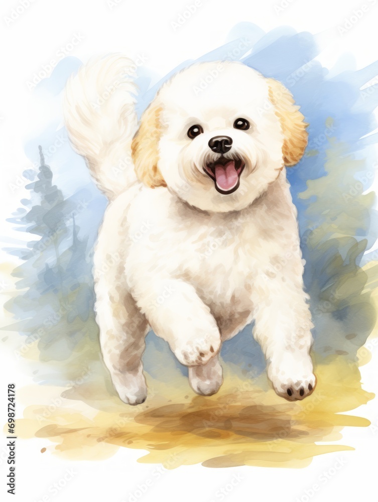 Playful Bichon Frise Watercolor Illustration on White Background AI Generated