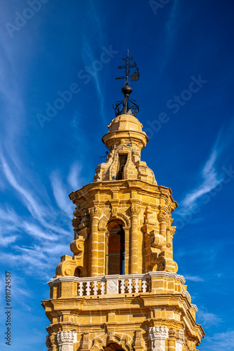 Detail of the beautiful baroque tower of La Merced, in the church of the same name, Osuna, Seville, Andalusia, Spain © AntonioLopez