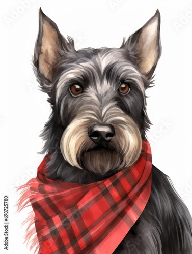 Scottish Terrier in Tartan Pattern Watercolor AI Generated