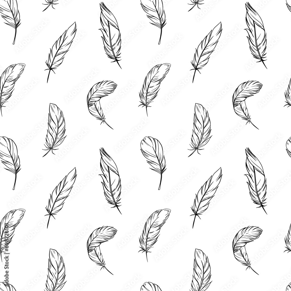 feathers, sketches. Seamless pattern design. set of vector illustrations,