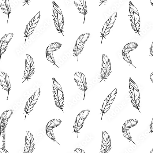 feathers, sketches. Seamless pattern design. set of vector illustrations,