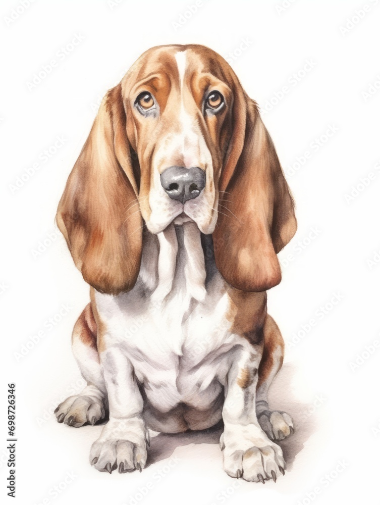 Adorable Vendeen Basset with Long Floppy Ears in Watercolor on White Background AI Generated