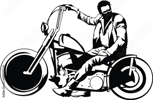 Cartoon Black and White Isolated Illustration Vector Of An Outlaw Riding On A Motorbike