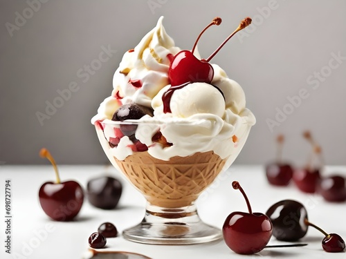 Cherry ice cream and whipped cream on white background. Generative AI photo
