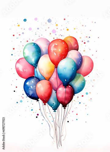 Watercolor happy birthday colorful balloons on a white background