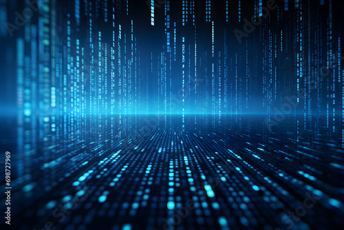Blue digital binary data on computer screen background